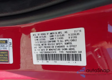 2016 Honda Accord Ex-L V-6 from USA, damaged, VIN 1HGCT2B86GA003476
